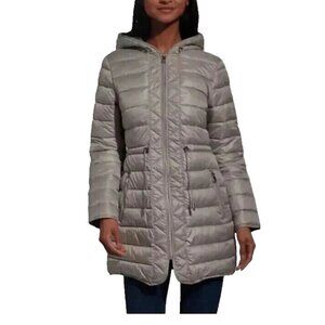 NEW Kenneth Cole Women's L Puffer Jacket With Hood Lightweight Quilted Grey